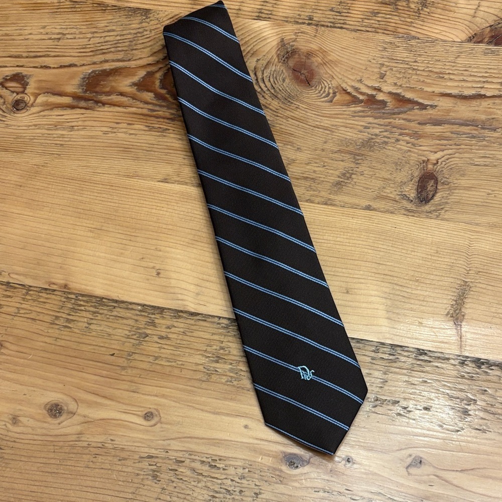 Dior Brown Tie with Blue Stripes